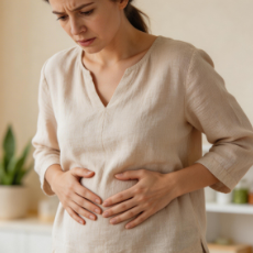 Mulher com dor abdominal e inchaço